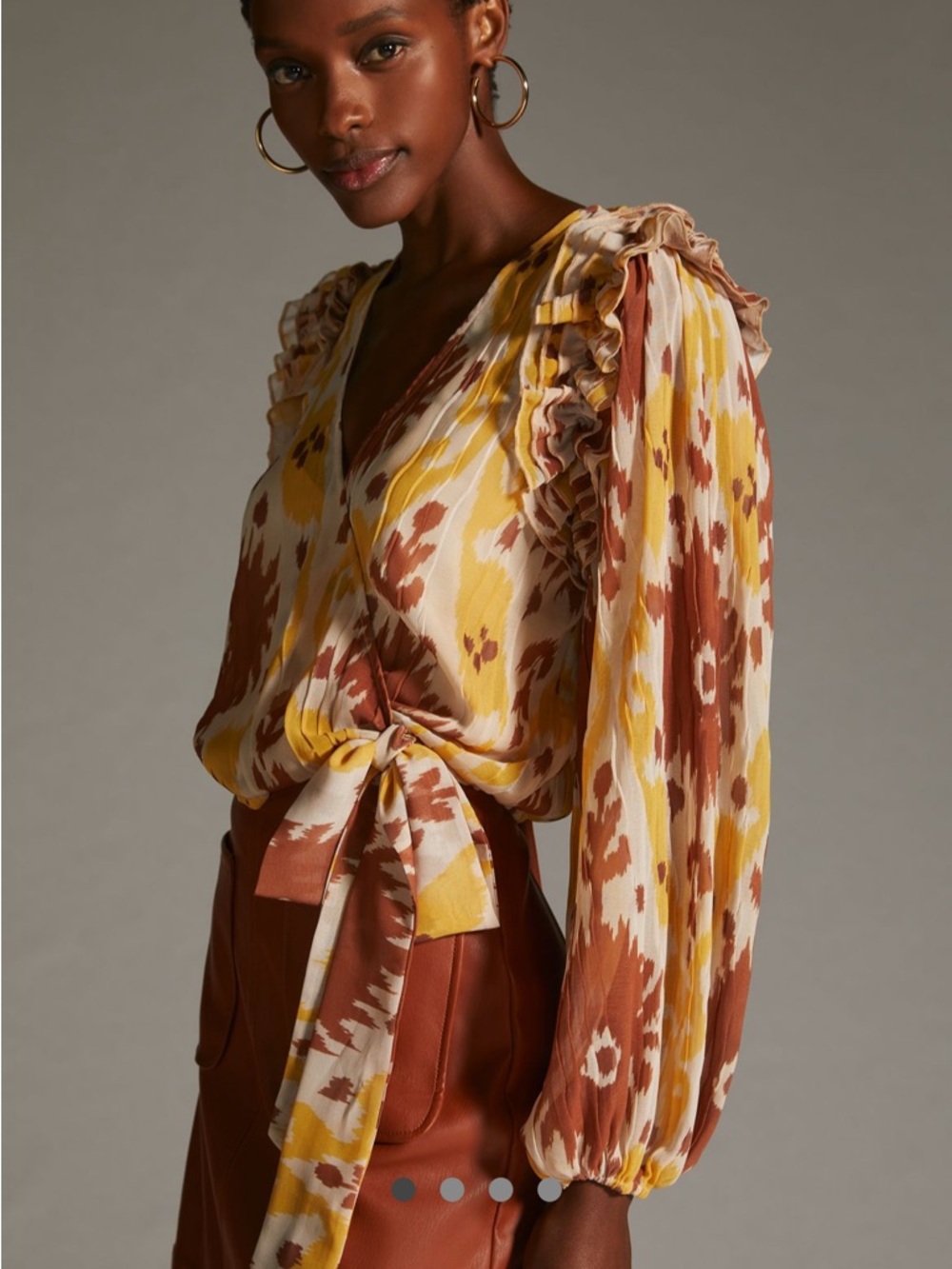 Tie-Waist Printed Wrap Blouse in Yellow & Brown